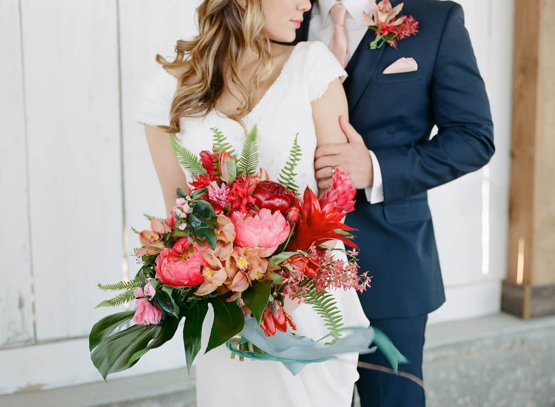 Bride and Groom with Tropical Bouquet
