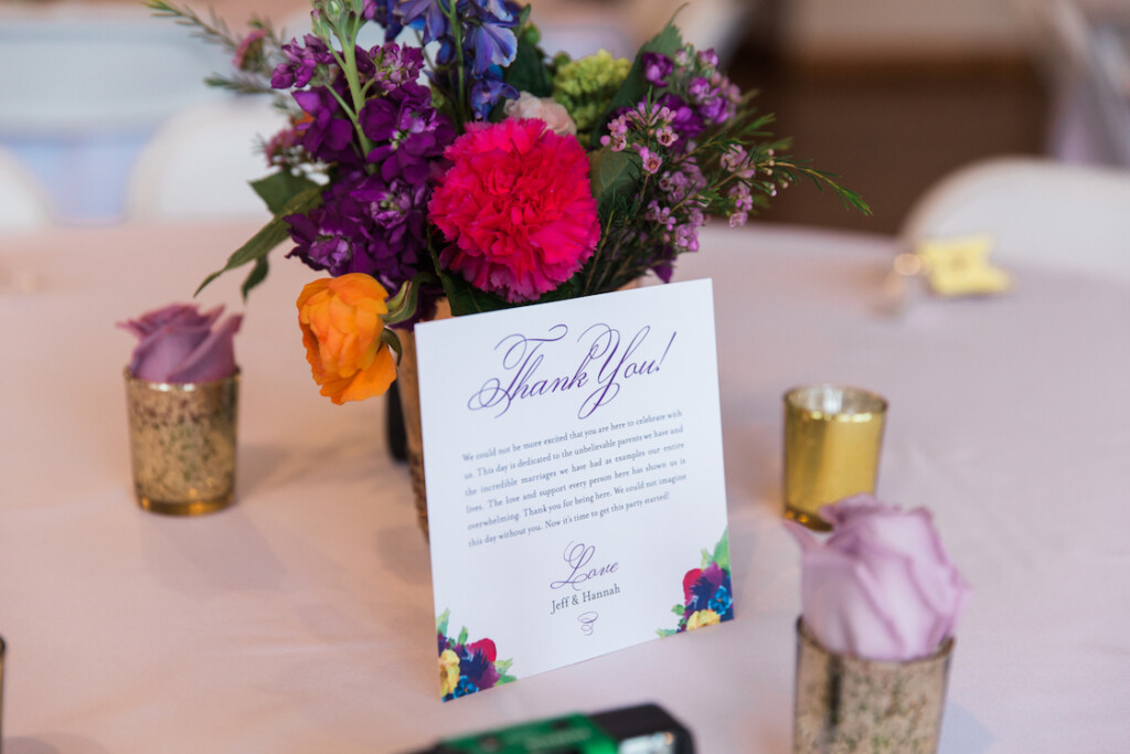 Wedding Thank You Card to Guests on Reception Table