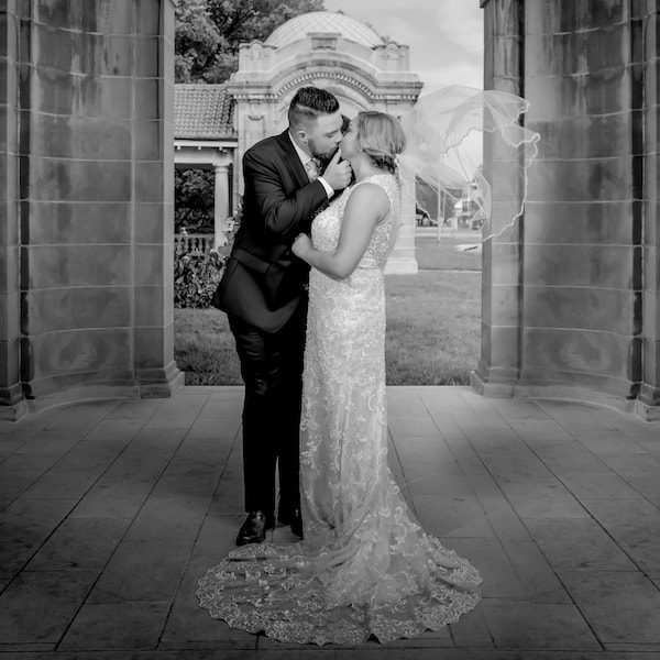 Angela Needs Shipps Kansas City Wedding Photography WedKC Bride Groom Kiss Black White