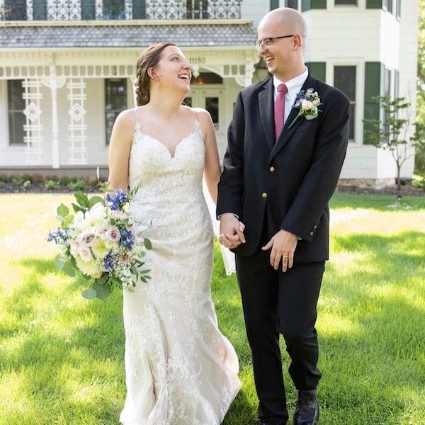 Cline's Custom Alterations Kansas City Wedding Dress Laugh Couple