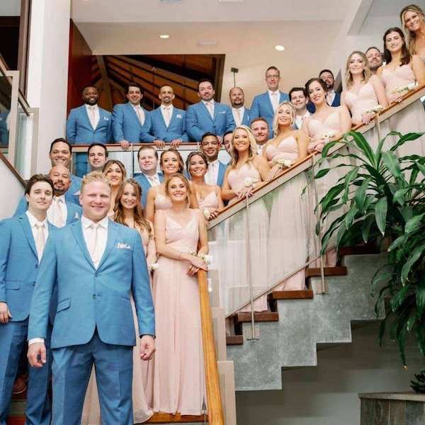 Dan Dan the Wedding Man Kansas City Menswear Suit WedKC Light Blue Stairs Bridal Party