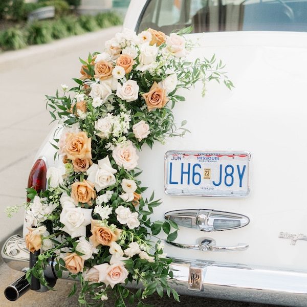 Love Lilacs Floral Design Wedding Kansas City Florist WedKC Car Trunk Arrangement
