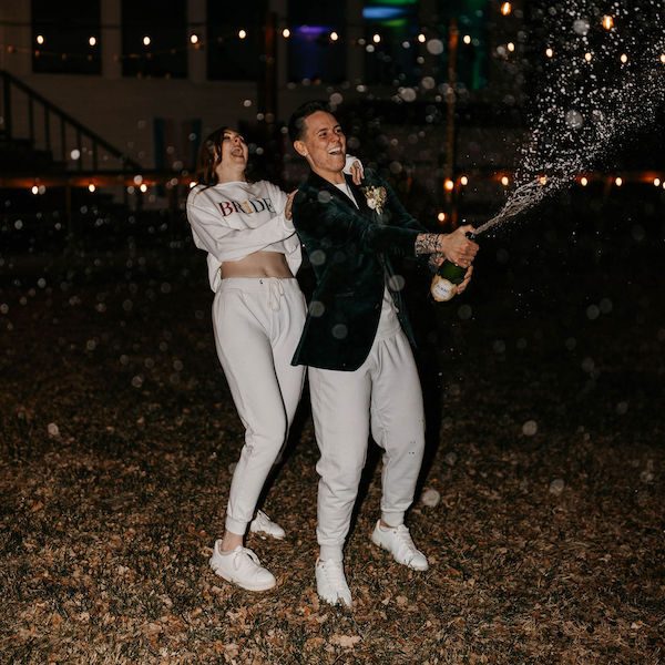 Rose Arrow Photography Kansas City Wedding Photographer WedKC Couple Sweatpants Champagne