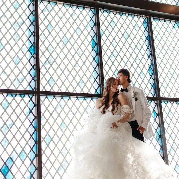 The Gathering KC Kansas City Wedding Venue Bride Groom Stained Glass Window