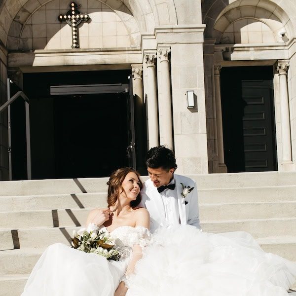 The Gathering KC Kansas City Wedding Venue Steps Bride Smile