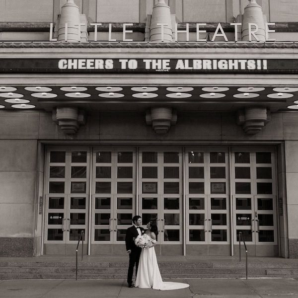 The Little Theatre at The Kansas City Convention Center Wedding WedKC Marquee Bride Groom
