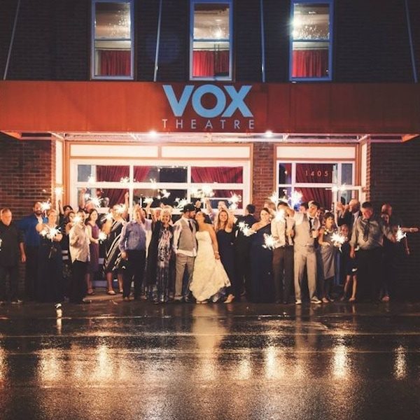 Vox Theatre Kansas City WedKC Wedding Venue Outside Sparklers