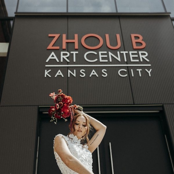 Zhou B Art Center of Kansas City WedKC Rehearsal Dinner Venue Bride Outside
